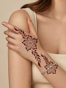 2 Tấm Henna Hình Xăm Dán stencil, Hệ thực vật Hình xăm có thể tái sử dụng Nhãn dán stencil Hình xăm tạm thời Mẫu cho cơ thể Tay nghệ thuật cho bức tranh long lanh Trang điểm Mehndi Designs - màu đen - Xem 6
