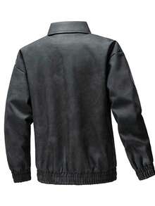 Autumn Men's PU Leather Jacket, Fashionable High-End Casual Motorcycle Coat - Black - View 2