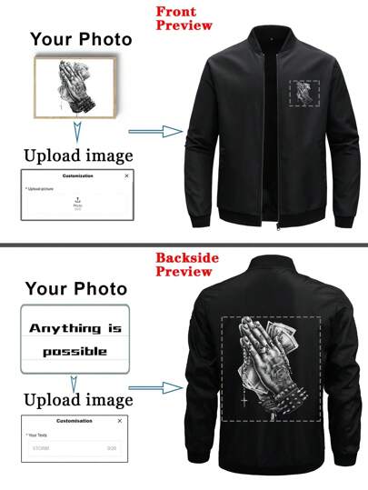 Customized Personalized Clothing Boyfriend Style Men's Stand Collar Zip-Up Long Sleeve Casual Solid Color Sports Jacket With Customized Graphic - Incorporate Your Own Image For Exclusive Personalized Print Reversible Jackets Ideal Gifts For Him, Boyfriend, Family, Friends, For Birthdays, For Vacation/Holiday, For School/Competition, For Sports/Climbing,Customized Men Active Tops,Street Casual Chic