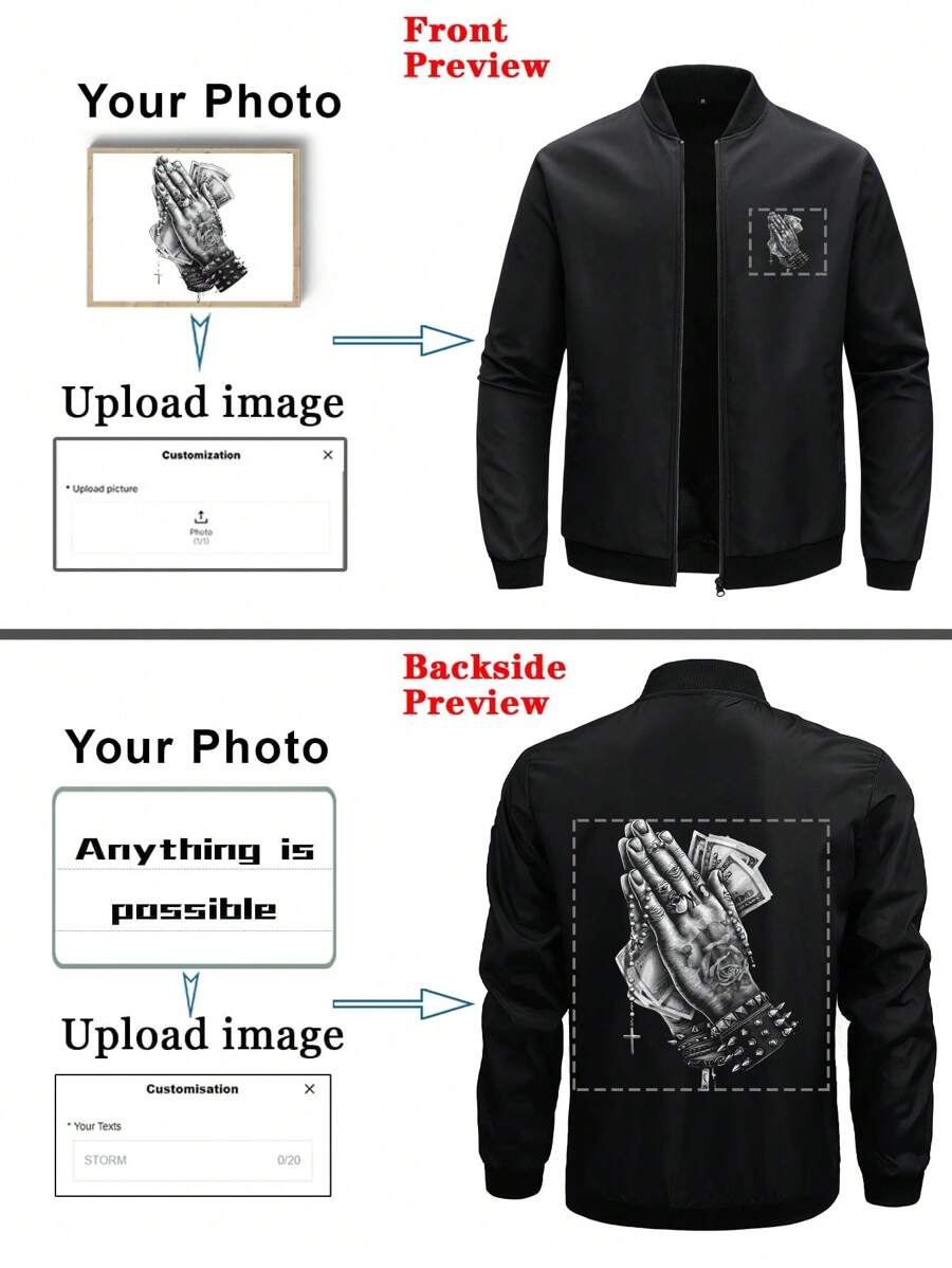 Customized Personalized Clothing Boyfriend Style Men's Stand Collar Zip-Up Long Sleeve Casual Solid Color Sports Jacket With Customized Graphic - Incorporate Your Own Image For Exclusive Personalized Print Reversible Jackets Ideal Gifts For Him, Boyfriend, Family, Friends, For Birthdays, For Vacation/Holiday, For School/Competition, For Sports/Climbing