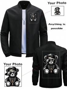 Customized Personalized Clothing Boyfriend Style Men's Stand Collar Zip-Up Long Sleeve Casual Solid Color Sports Jacket With Customized Graphic - Incorporate Your Own Image For Exclusive Personalized Print Reversible Jackets Ideal Gifts For Him, Boyfriend, Family, Friends, For Birthdays, For Vacation/Holiday, For School/Competition, For Sports/Climbing