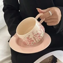 French Vintage Pink Ceramic Coffee Cup And Saucer Set, Afternoon Tea Flower Tea Cups, Exquisite High-End Ceramic Mugs Back To School