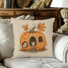 1pc Autumn Pumpkin Mouse Decorative Pillow Cover, Single-Sided Printed Peach Velvet Material, 45*45/50*50/40*40CM Cushion Cover Suitable For Modern Minimalist Sofa, Living Room Decor, Gift - Multicolor - View 4
