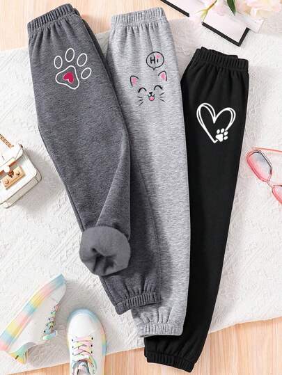 Conjunto de 3 piezas para niñas preadolescentes: pantalones de chándal térmicos con estampado de dibujos animados