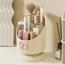 1pc Makeup Brush Storage Box,  Desktop Storage Box, Cosmetics Organizer For Vanity And Bathroom Desk Storage Organization, Plastic Pen Holder, Multi Slots Make Up Brushes Cup, For Storage Stand For Cosmetics Painting Pen Eyeliner Or On The Vanity - Beige - View 12