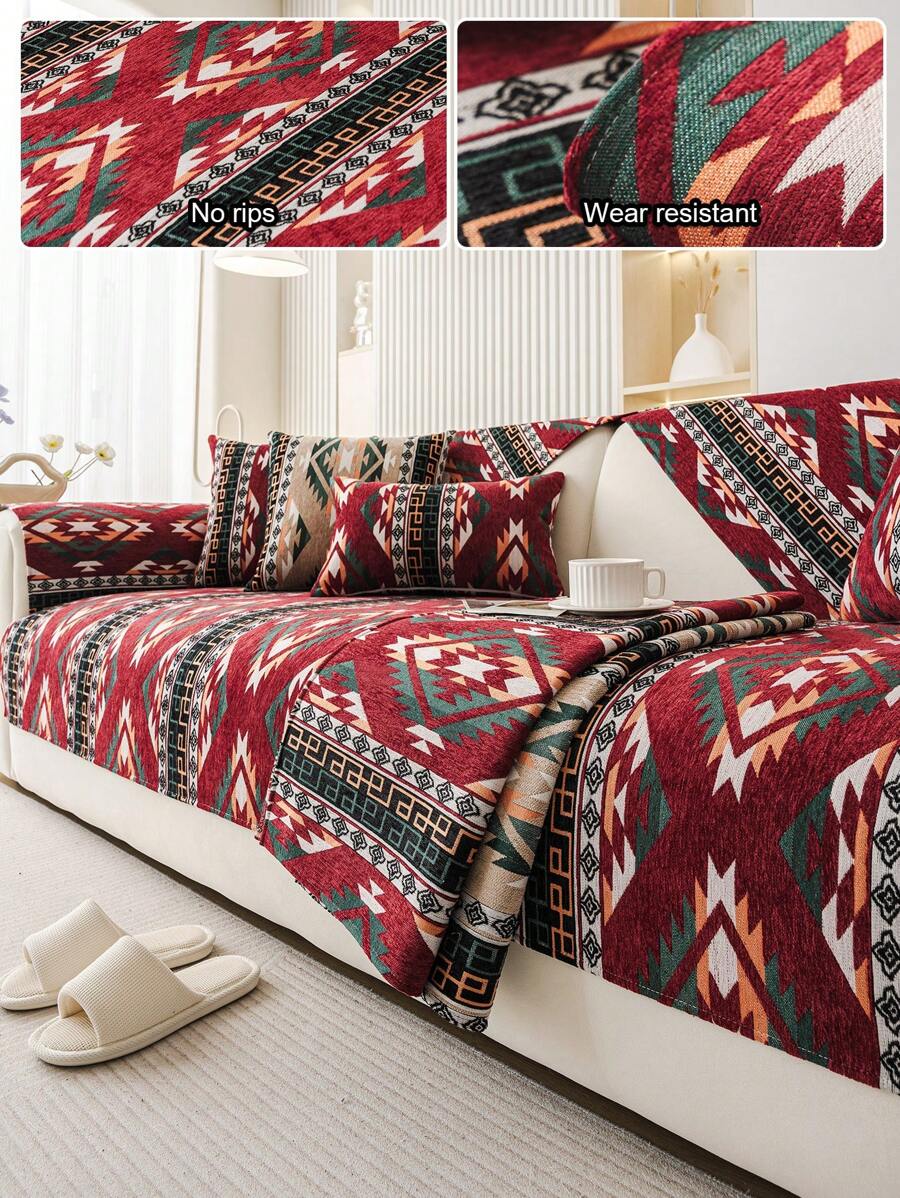 1pc Bohemian Style Geometric Embroidered Sofa Cover, Modern Pattern Pet Friendly Couch Protector, Suitable For Bedroom, Office, Living Room, All Season