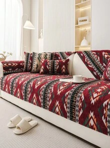 1pc Bohemian Style Geometric Embroidered Sofa Cover, Modern Pattern Pet Friendly Couch Protector, Suitable For Bedroom, Office, Living Room, All Season - Red - View 3
