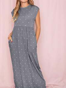 Boho Retro Polka Dot Rayon Mix Casual  Maxi Dress With Folded Cap Sleeve Side Pockets Versatile Summer Dress For Women - Than - Xem 3
