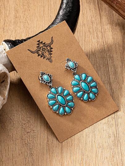 1 Pair Antique Silver Color Western Blue Turquoise Stone Decor Earring, Cowgirl Style Earrings Stud For Women