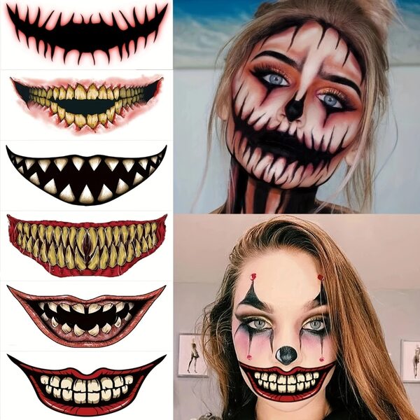 10pcs Halloween Trick Makeup Temporary Tattoos, Scary Clown Mouth Tattoos, Halloween Temporary Face Tattoo Stickers, Halloween Role Play Party Decors, Suitable For Birthday, New Year, Ramadan Parties