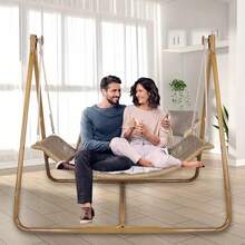 Hammock Swing Chair With Stand For Indoor, Outdoor, Anti-Rust Wood-Colored Frame 570 Lbs Capacity With Cushion Oversized Double Hammock Chair For Patio Balcony Bedroom - Biến thể 1 - Xem 4