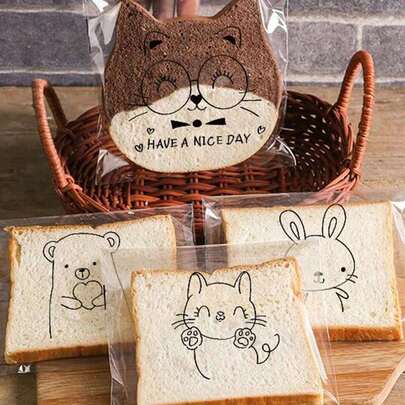 100个可爱卡通透明自粘面包袋豆沙菠萝袋烤切片吐司全麦面包自封包装饼干袋食品袋包装袋食品收纳袋适用于任何食物学校午餐好帮手