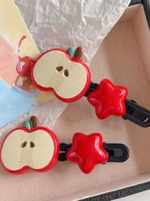 2pcs Apple & Star Shaped Hair Clips For Girls, Cute Bangs Hairpins Y2k,Hair Accessories,Hair Barrettes Claw Clips, School Stuff