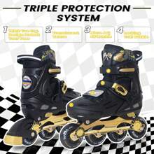 Inline Skates For Boys And Girls Youth, 4 Size Adjustable Roller Skates With PU Flashing Wheels, Aggressive Inline Skates High Performance For Kids Age 6-12 - 黑金 - 查看 3