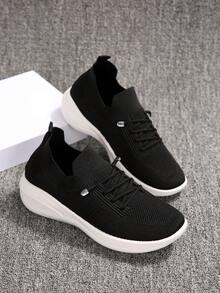Giày thể thao đế dày thoáng khí, buộc dây màu trơn cho nữ, giày đen - màu đen - Xem 2