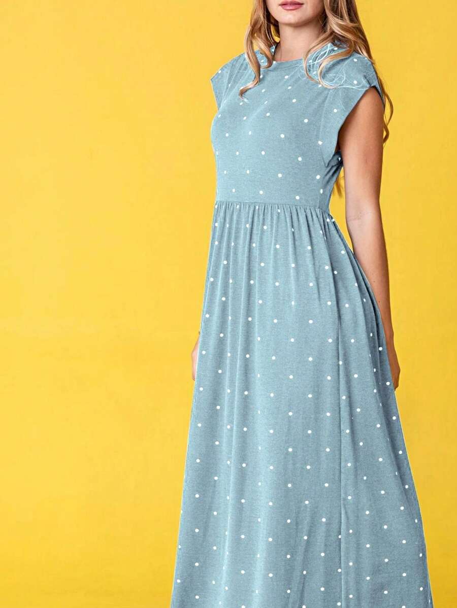 Boho Retro Polka Dot Rayon Mix Casual Maxi Dress With Folded Cap Sleeve Side Pockets Versatile Summer Dress For Women - 綠色 - 查看 1