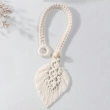 1 件波西米亚风格涤纶窗帘系带，配有手工绳、叶子图案流苏、可调节复古木珠装饰，适用于卧室、客厅、厨房