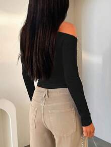 2024新款斜领不对称肩长袖针织衫，高端性感黑色女士春季上衣 - 黑色 - 查看 2