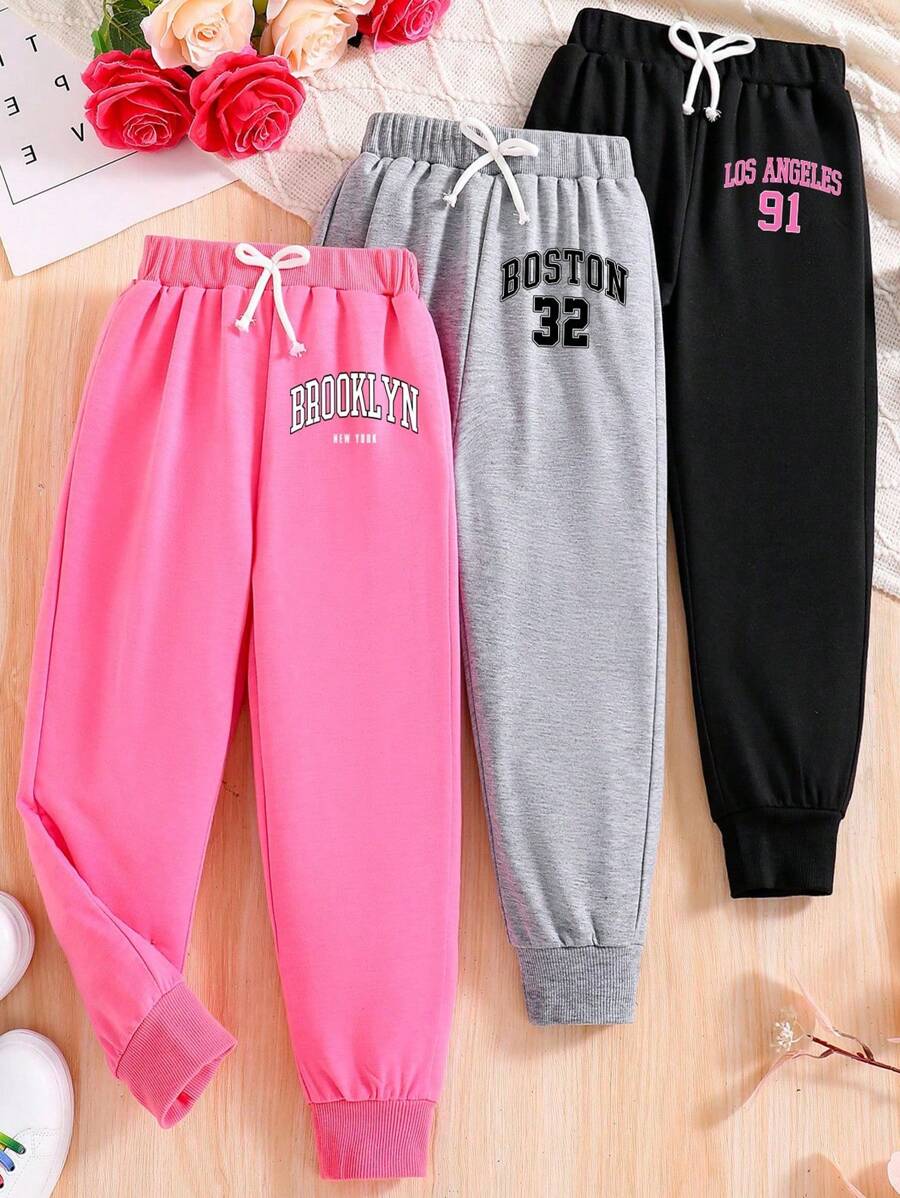 Tween Girls' 3pcs Set: Front Tie Letter & Number Printed Sports Pants - Multicolor - View 1