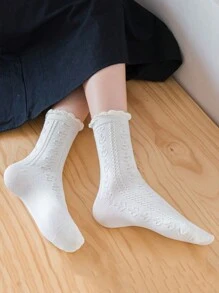 3 Pairs Women's Solid Color, Ruffle Trim, Cable Knit Print Crew Socks, Fashionable, Soft And Comfortable, Suitable For Back To School, Fall - White - View 4