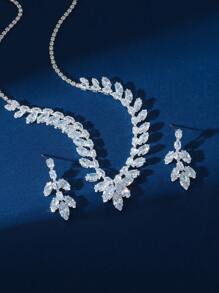 Bộ trang sức pha lê Zirconia thời trang sang trọng dành cho phụ nữ, vòng cổ + hoa tai, phù hợp cho những dịp trang trọng như đám cưới, tiệc Gala và tiệc ngày lễ - Bạc - Xem 3