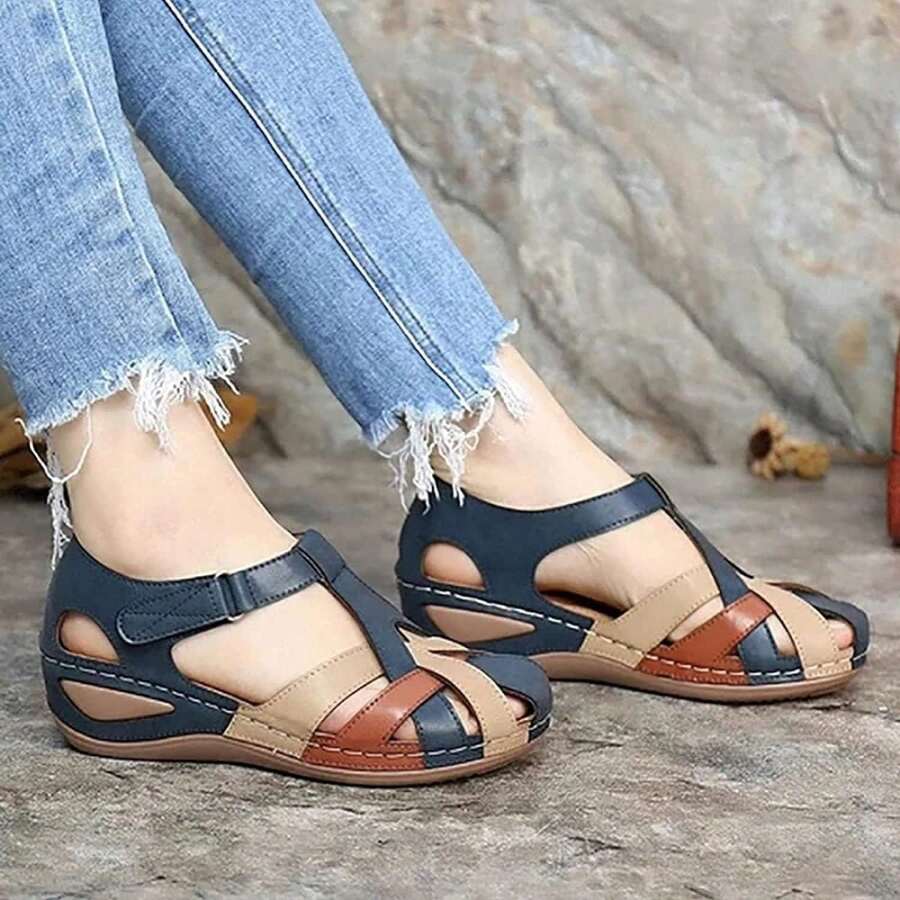 Sandalia de Plataforma Casual Ortopédica para Mujer, Sandalias de Cuña, Zapatilla de Soporte de Arco, Gancho y Lazo de Plataforma de Cuña con Pendiente Cómoda y Elegante - Azul - Ver 1