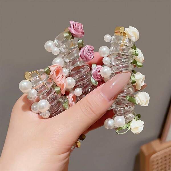 1pc Rose Pearl Telephone Wire Hair Scrunchie Flower Hair Clip Hair Tie, High-End Women Hair Accessory 2024 New