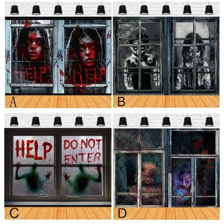 Fondo de Noche de Halloween Espeluznante Decoración de Alféizar de Ventana con Sombra Negra Sangrienta Decoración para Fiesta de Halloween Fondo de Banner para Fiesta de Vacaciones Decoración de Fiesta Espeluznante Fondo de Vinilo, Navidad - Multicolor - Ver 1
