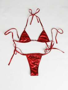 Two-Piece Sexy Lingerie Set Love-Style Strap Design - Red - View 5