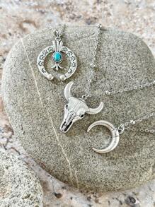 3pcs Turquoise Western Cowgirl Style Retro Bull Head Horseshoe Floral Pattern Cactus Minimalist Chain Necklace Set (Bead Chains Cut To Length, Not By Bead Count)