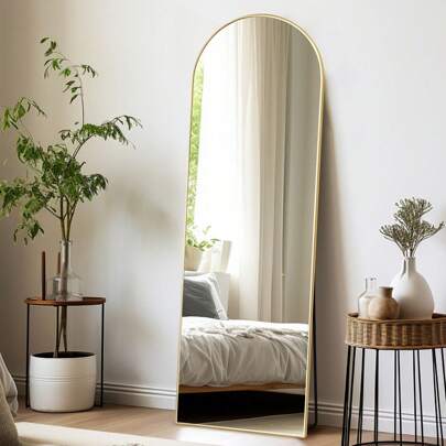 Melodieux Arched Full Length Mirror For Bedroom Full Body Mirror With Stand, Hanging Or Leaning For Wall, Aluminum Alloy Thin Frame Floor Mirror  For Living Room, Cloakroom ,Dress Room
