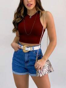 WOMEN'S CROPPED TOP SIMPLE BASIC BLOUSE SMOOTH TANK - 酒紅色 - 查看 1