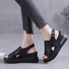 Sandalias Plataforma Zapatos Cuer Suave Dama Cuña Moda,Sandalias Planas Con Hebilla De Recubierto Para Mujer, Puntera Redonda,Sandalias De Playa Casuales - Negro - Ver 5