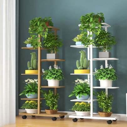 1pc Moveable Plant Stand With Wheels Metal Multiple Flower Pot Holder Shelf Indoor Outdoor Planter Display Shelving Unit For Patio Garden Corner Balcony Living Room