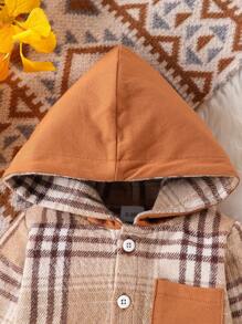 2pcs/Set Baby Boys Color Block Hooded Plaid Long Sleeve Bodysuit + Ripped Long Pants - Brown - View 4