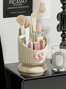 1pc Makeup Brush Storage Box,  Desktop Storage Box, Cosmetics Organizer For Vanity And Bathroom Desk Storage Organization, Plastic Pen Holder, Multi Slots Make Up Brushes Cup, For Storage Stand For Cosmetics Painting Pen Eyeliner Or On The Vanity - Beige - View 6