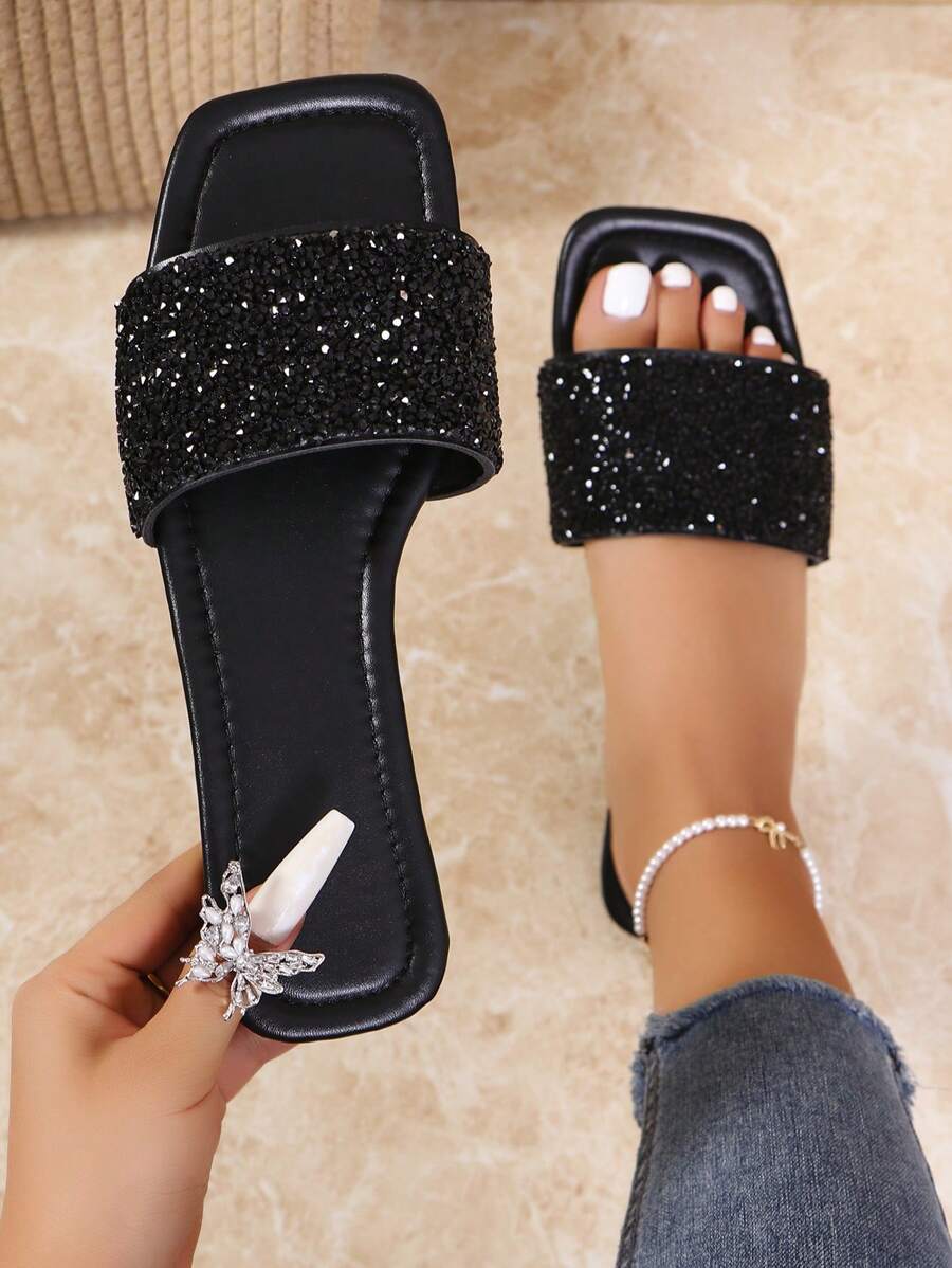 Women's Elegant Crystal Embellished Slippers, Comfortable Casual Flat Slip-On Sandals - Black - View 1