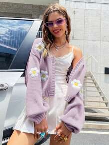Teen Girls Fashionable Floral Pattern Loose Cropped Knit Cardigan Sweater - Purple - View 1