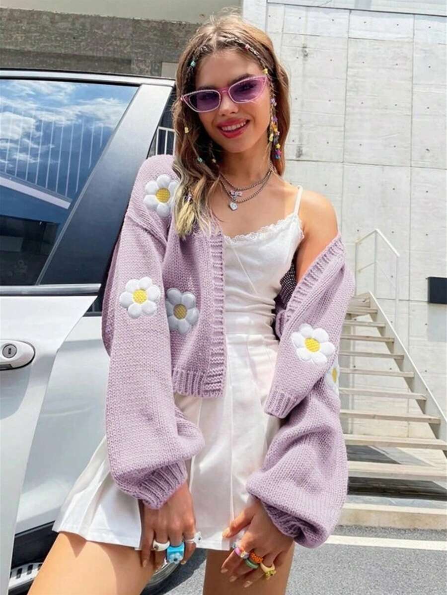 Teen Girls Fashionable Floral Pattern Loose Cropped Knit Cardigan Sweater - Purple - View 1