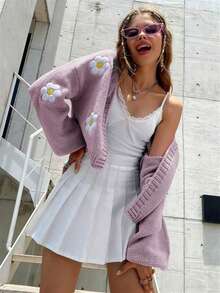 Teen Girls Fashionable Floral Pattern Loose Cropped Knit Cardigan Sweater - Purple - View 2