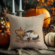 1pc Autumn Leaf Cat Sleeping Pillow Case, Single-Sided Printed Peach Velvet Material, 45*45/50*50/40*40CM Cushion Cover Suitable For Modern Minimalist Sofa, Living Room Decor, Gift - Multicolor - View 6