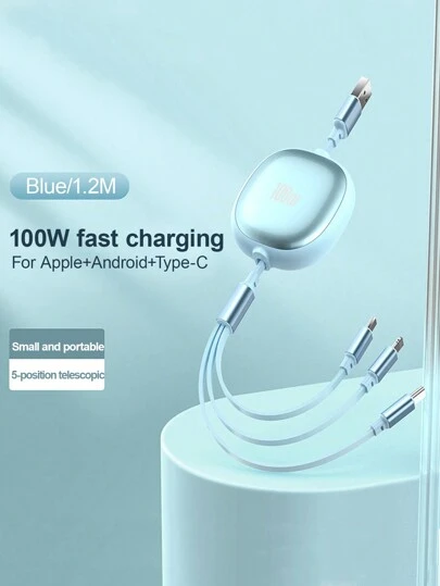 3-In-1 100W Fast Charging Charger Cable &Retractable One Tow Three Cable, Tpe Charging Data Line Compatible With Iphone And Compatible With Samsung Series, High Efficiency Charge Cable Nan