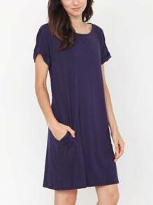Boho Retro Rayon Cool Soft Summer Cuff Short Sleeve Crew Neck T Shirt Mini Dress Tunic With Pockets - 藏蓝色 - 查看 2