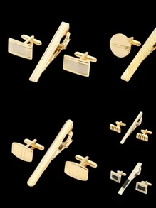 1套哑光金色商务领带夹和袖扣套装，成熟百搭时尚，适合男士商务装 - 金黃色 - 查看 2