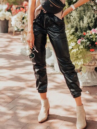 Women's Casual Leather Smocked Waist Drawstring Solid Jogger Pants