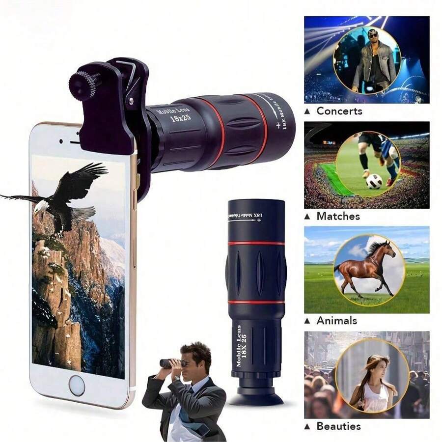 APEXEL 通用 18x25 单筒变焦高清光学手机镜头观察测量 18X 长焦镜头带三脚架适用于智能手机 - 黑色 - 查看 1