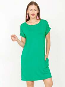 Boho Retro Rayon Cool Soft Summer Cuff Short Sleeve Crew Neck T Shirt Mini Dress Tunic With Pockets - 綠色 - 查看 3