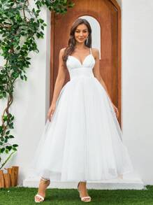 YUMIBRAVO Deep V Satin & Mesh Strap Wedding Dress, White Elegant Bridal Dress,Bride - White - View 3