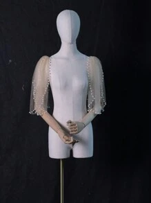 1对新娘礼服吊带披肩，5种颜色可选，短款珍珠雪纺肩部装饰，带安全别针，新娘婚礼肩部配饰 - 雙肩披肩 - 查看 16