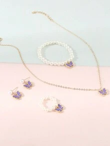 5pcs/Set Children's Oil Drop Butterfly Pearl Beaded Necklace, Bracelet, Ring, Earrings Jewelry Set - Purple - View 2